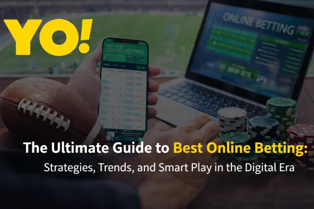 Best online betting guide banner showing mobile betting app, football, poker chips with YO logo