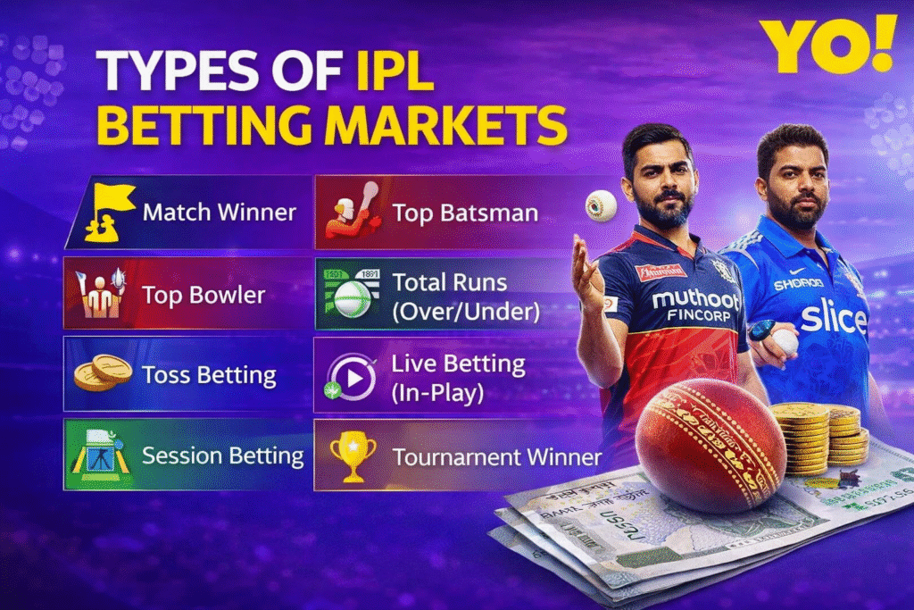 types of IPL cricket betting markets 2026 including match winner, top batsman, live betting and session betting with YO logo