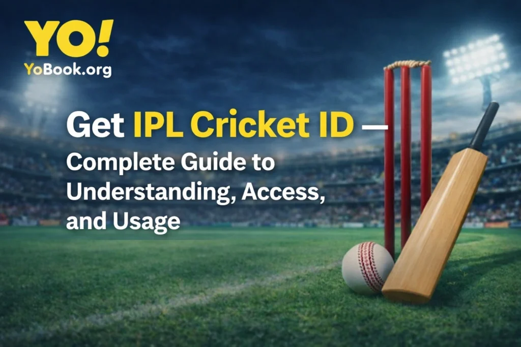 Get IPL Cricket ID complete guide with YoBook logo cricket bat ball and stadium background