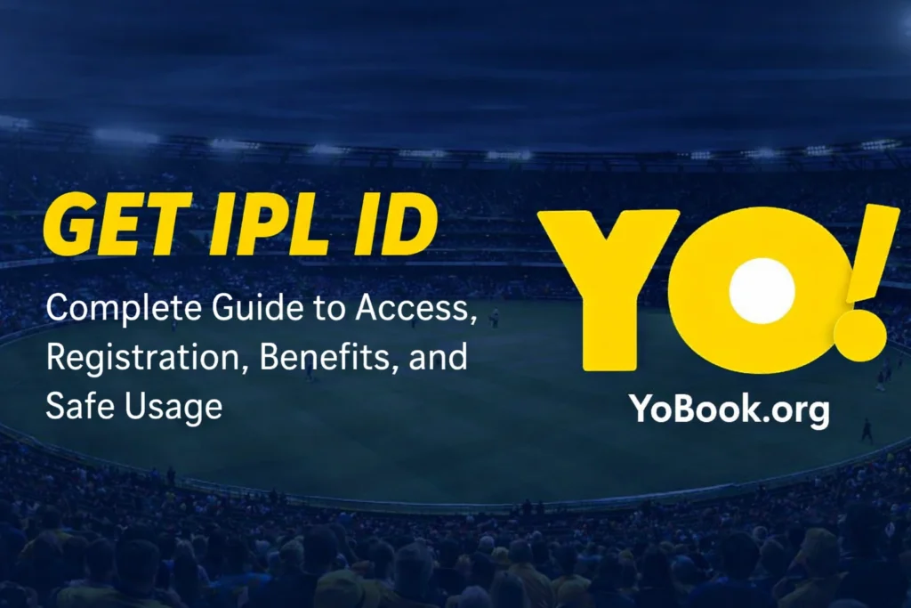 Get IPL ID complete guide banner with YoBook logo and cricket stadium background