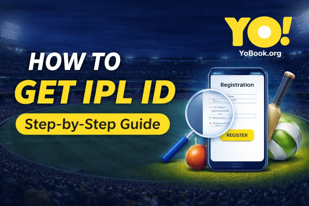 How to Get IPL ID step by step guide banner with YoBook logo and cricket stadium background