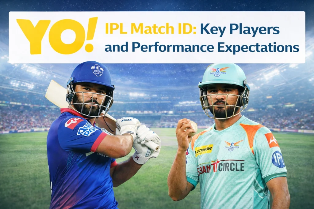 IPL Match ID key players and performance expectations banner with YO logo and cricket players