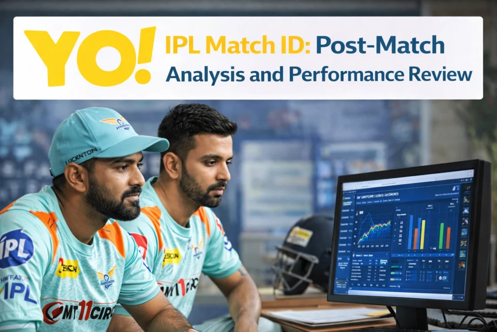 IPL Match ID post match analysis and performance review banner with YO logo and cricket players