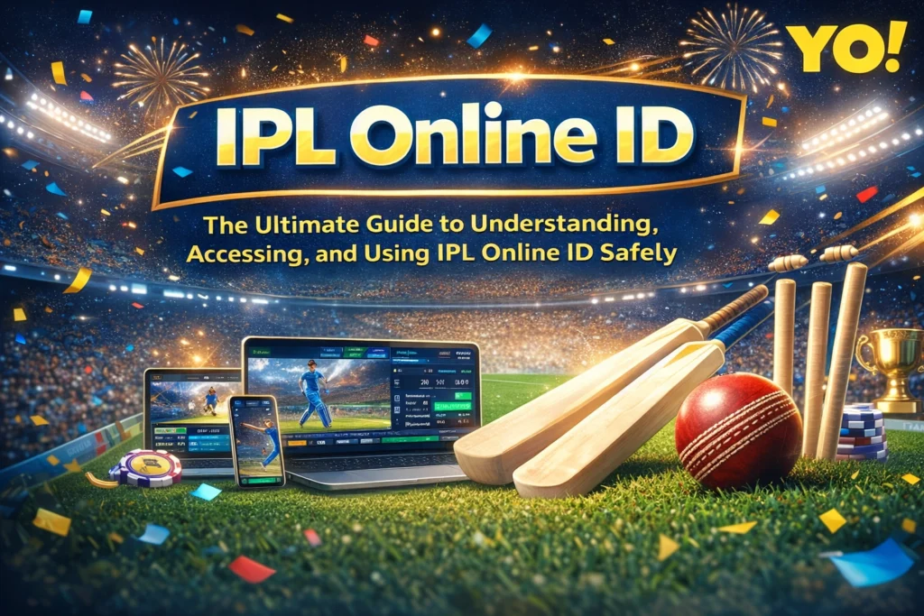 IPL Online ID guide banner with cricket stadium, devices, and YoBook logo
