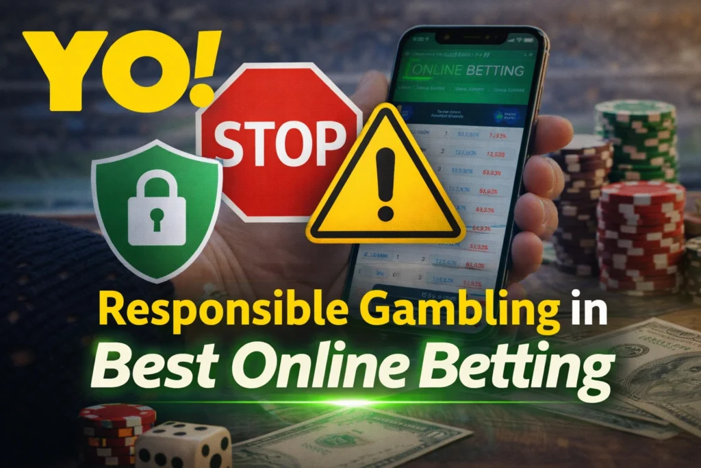 Responsible gambling in best online betting banner with YO logo, mobile betting app and control concept