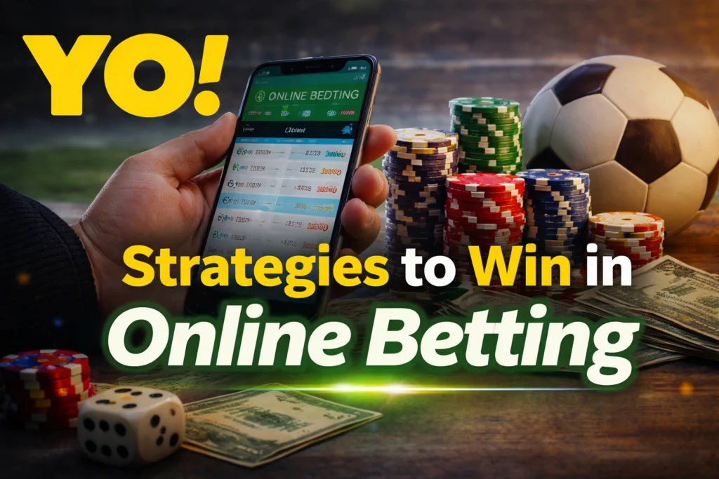 Strategies to win in online betting banner with YO logo, mobile betting app, poker chips and football