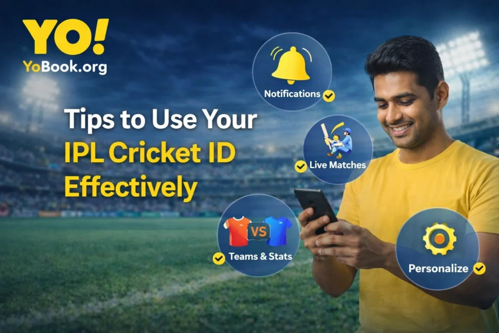 Tips to use IPL Cricket ID effectively with YoBook logo and cricket stadium background