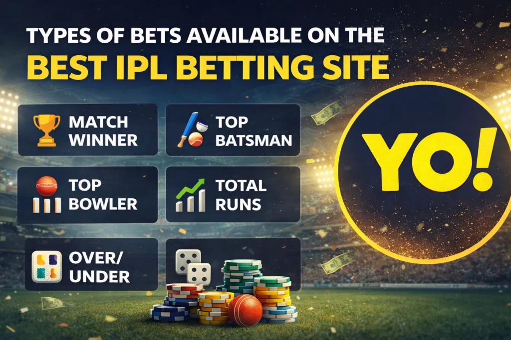 Types of bets available on the best IPL betting site with YO logo showing match winner, top batsman and other betting options