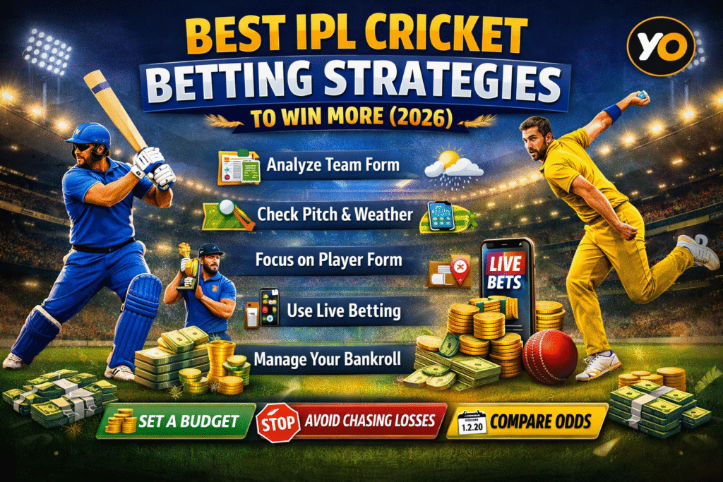 best IPL cricket betting strategies 2026 with YO logo, live betting tips, bankroll management and match analysis illustration