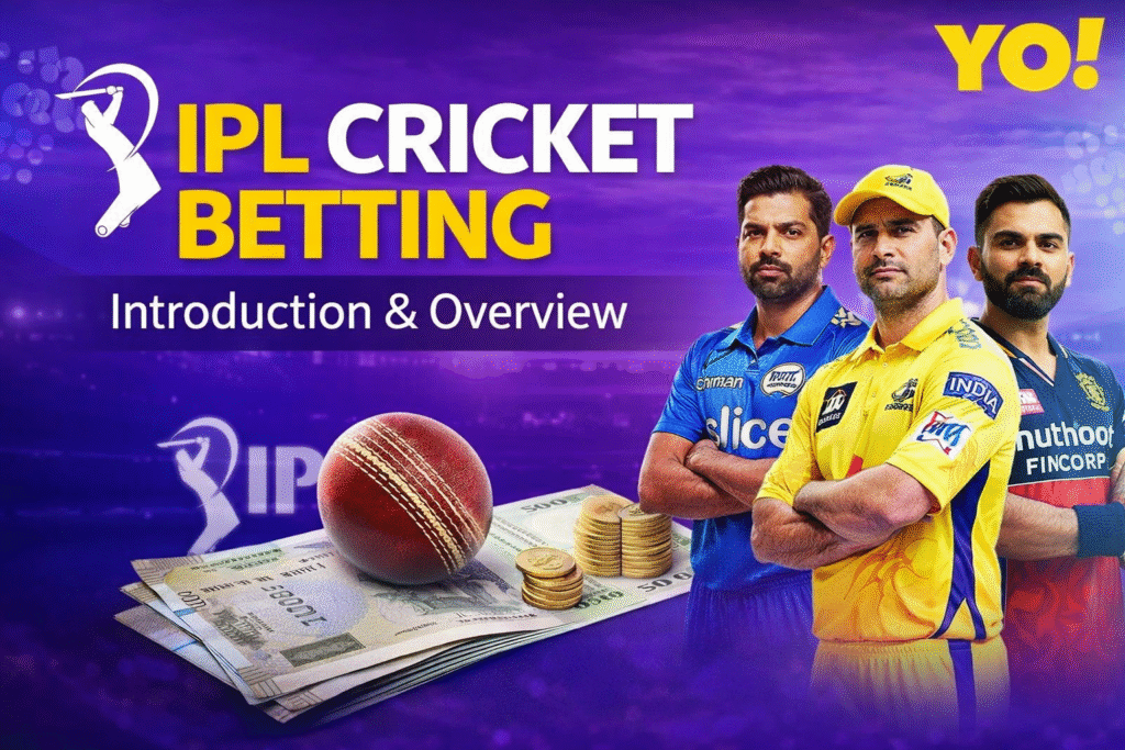 IPL cricket betting introduction 2026 with YO logo, cricket players, money, and betting concept illustration