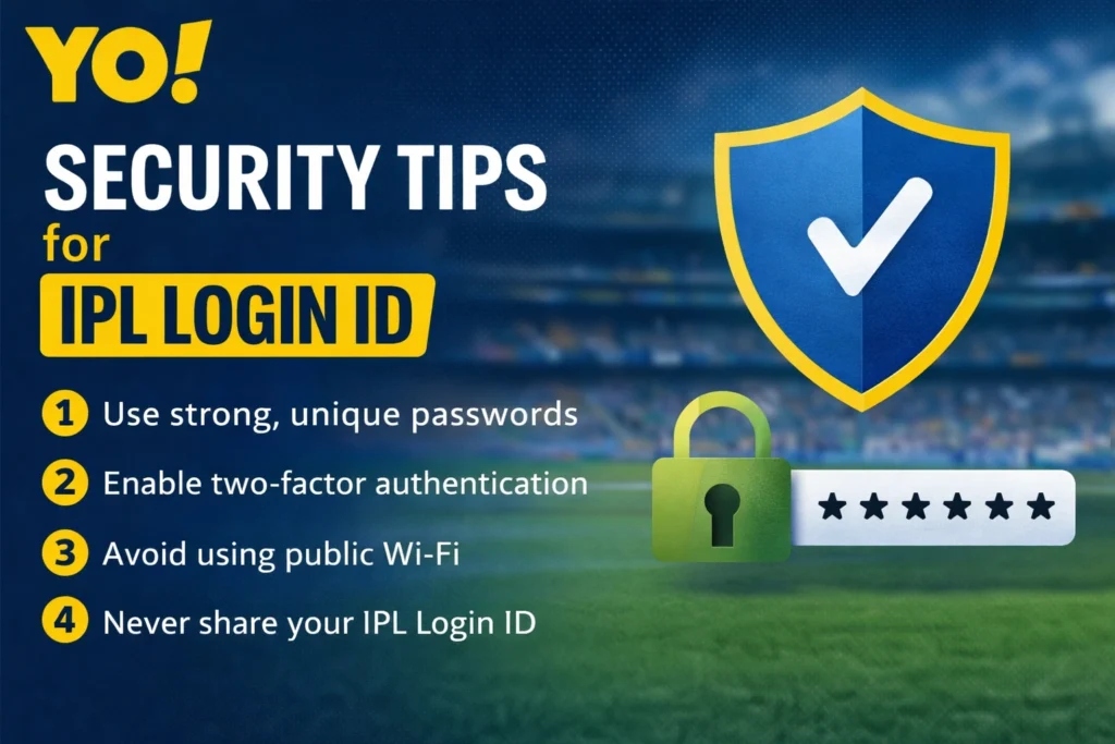 Security tips for IPL Login ID showing strong password two factor authentication and account protection with YO logo