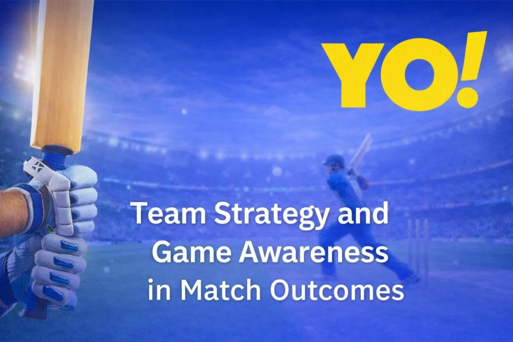 Team strategy and game awareness in cricket match outcomes with batsman, stadium background, and YO logo